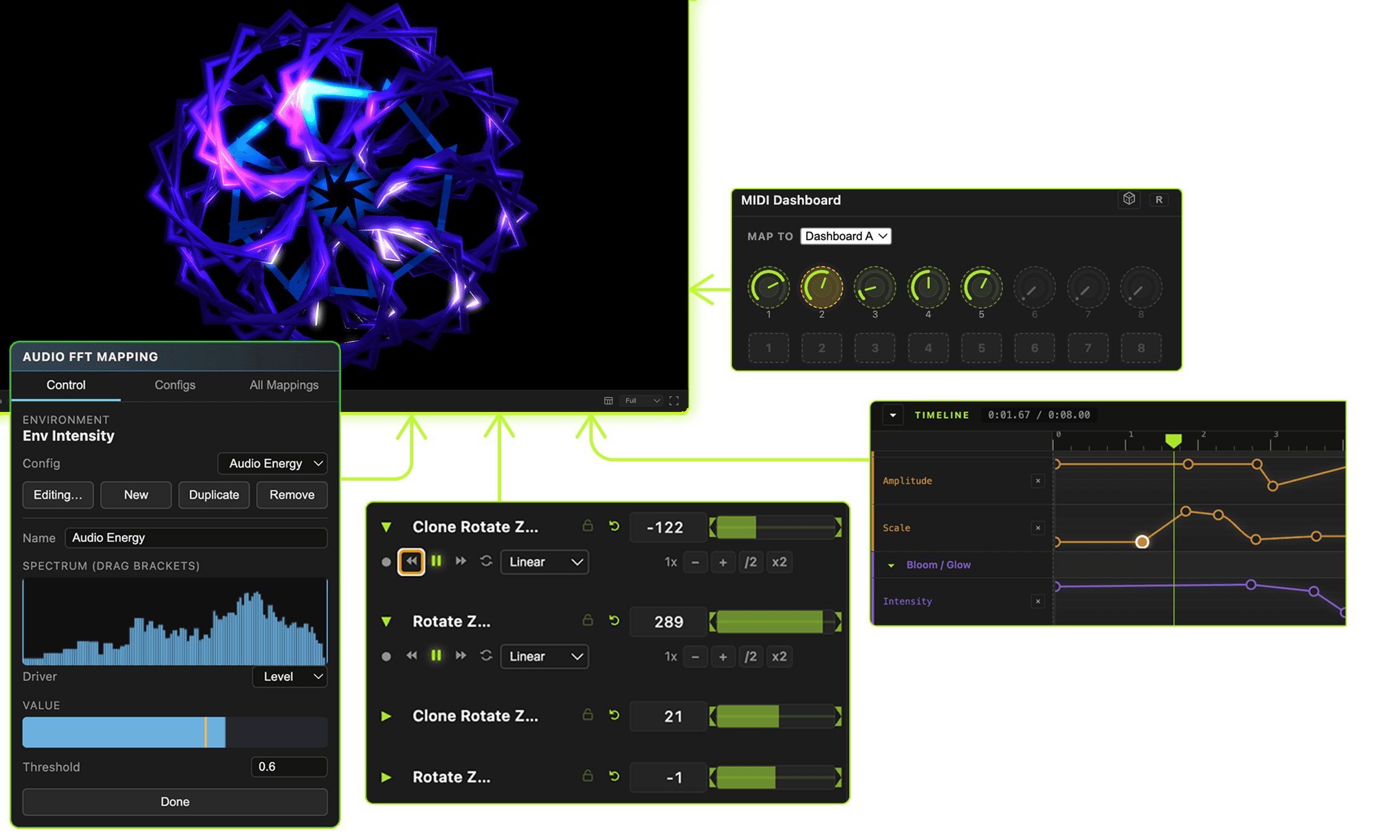 Auragen timeline and modulation view — parameters bound to MIDI, audio and keyframes animating a live render
